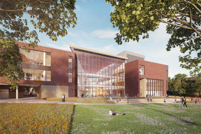 The pavilion’s north façade opens onto a large terrace and event lawn that connects the complex and larger campus to the Red Cedar River. Broad College of Business, Michigan State University. Design by LMN Architects.