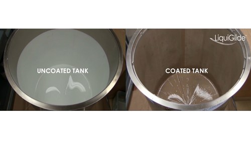 As compared to an uncoated paint tank after evacuation (left), LiquiGlide's CleanTanX(TM) system (right) virtually eliminates paint sticking to tank walls.