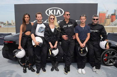 (L-R) Joan Smalls, Derek Blasberg, Candice Swanepoel, Alex Rodriguez, Cameron Dallas, and Brandon Maxwell put the style and performance of the all-new 2018 Kia Stinger to the ultimate test at Pier 92 on September 12, 2017 in New York City.  (Photo by Jason Kempin/Getty Images for Kia Motors)