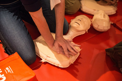 An inflatable manikin is used in Hands-Only CPR training including the training held for Metropolitan Transportation Authority employees on Sept. 12, 2017 at the New York Transit Museum. Hands-Only CPR has two steps, performed in this order: when you see a teen or adult collapse, call 911; then, push hard and fast in the center of the chest until help arrives.