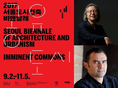 Cartel oficial y codirectores (Hyungmin Pai y Alejandro Zaera-Polo) de la Bienal de Arquitectura y Urbanismo de Seúl
