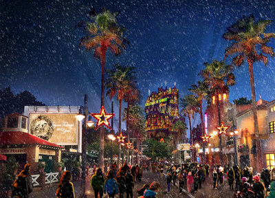 Walt Disney World Resort is the place to be this holiday season as theme parks and resort hotels sparkle with jolly decorations that bring the spirit of the season to life. At Disney's Hollywood Studios, a new holiday experience called Sunset Seasons Greetings features spectacular projections of Mickey, Minnie and other beloved Disney characters sharing their favorite Christmas stories (rendering). (Handout Image, Disney)