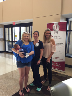 Left to right: Ashley Sullivan and baby Layne reunites with Houston Northwest Medical Center Labor and Delivery Nurse Debbi Gomez and receives a gift from Carrie Woydziak, founder of the Austin Fun Club.