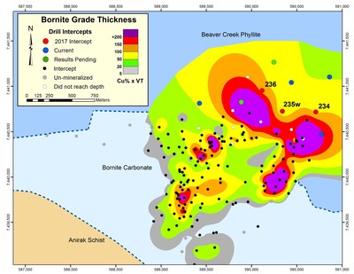 Figure 2 - MAP SHOWING GRADE X THICKNESS OF MINERALIZED INTERSECTIONS USING A 0.3% Cu CUT-OFF GRADE (CNW Group/Trilogy Metals Inc.)