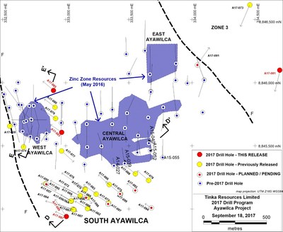 Figure 2. Ayawilca 2017 drill hole map showing 2016 Mineral Resource boundaries (CNW Group/Tinka Resources Limited)