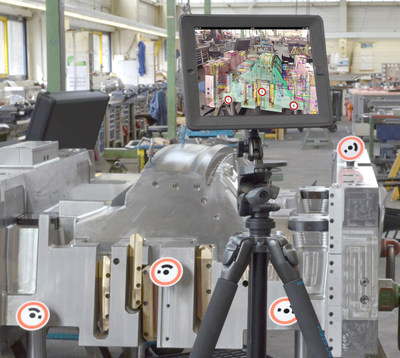Com a câmera integrada do tablet, uma sobreposição do objeto construído com dados 3D virtuais, incluindo todas as informações de processo e fluxo de trabalho, pode ser realizada em tempo real.