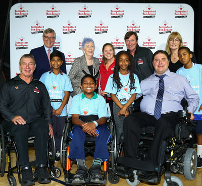 Canadian Tire Corporation announced an unprecedented $50 million dollar investment in accessible and inclusive play through its Jumpstart Charities with Rick Hansen, Stephen Wetmore, Martha Billes, Stephanie Dixon, Wayne Gretzky, The Honourable Kent Hehr, Federal Minister of Sports and Persons with Disabilities along with Jumpstart kids. (CNW Group/CANADIAN TIRE CORPORATION, LIMITED)