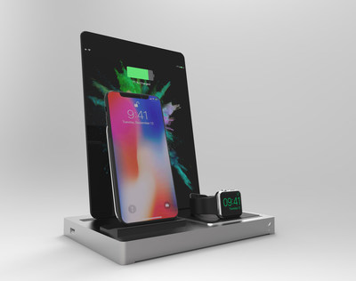 EVOLUS 3 Qi docking station, showing iPhone X, iPad Air, and Apple Watch series 3