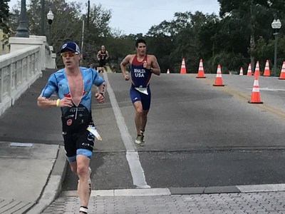 Triathletes race over Coffee Pot Bayou during the 2017 St. Anthony's Triathlon.