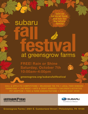 THE SUBARU FALL FESTIVAL AT GREENSGROW FARMS RETURNS TO PHILADELPHIA; Thousands to Attend Philadelphia’s Premier Harvest Season Event on October 7, 2017