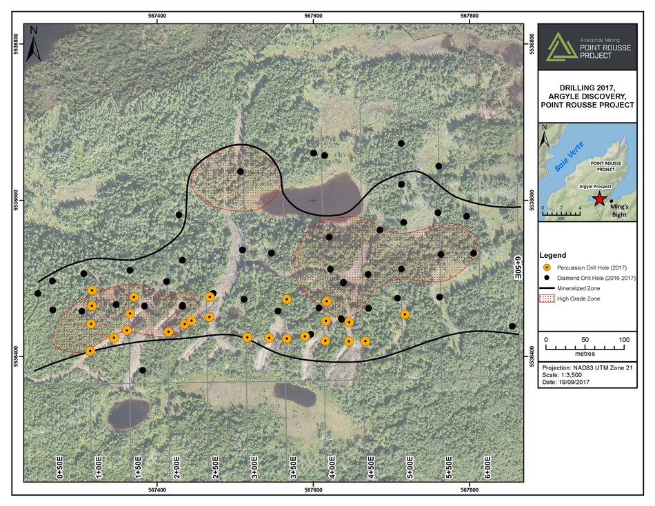 Exhibit A: Argyle proposed drill plan in relation to previous drilling and the outline of mineralization projected to surface. (CNW Group/Anaconda Mining Inc.)