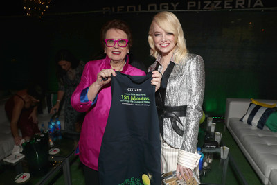 Billie Jean King with Emma Stone at the Battle of the Sexes premiere party showing off the custom made Citizen Watch aprons.