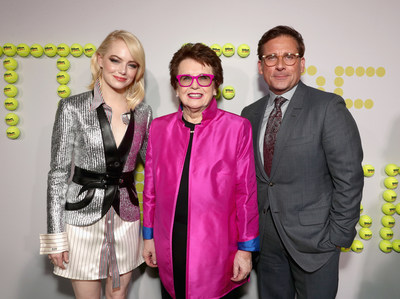 Emma Stone, Billie Jean King and Steve Carell walk the "green" carpet at the premiere of Battle of the Sexes in LA.