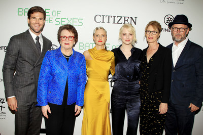 From left: Austin Stowell, Billie Jean King, Andrea Riseborough, Emma Stone, Valerie Faris, Jonathan Dayton walk the carpet at the NYC Screening for Battle of the Sexes.