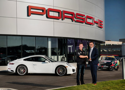 Alexander Pollich (right), President and CEO for Porsche Cars Canada, Ltd., presented Scott Hargrove (left) with the keys to a 2017 Porsche Carrera S that he will have the pleasure of driving for a year as the 2017 champion of the Ultra 94 GT3 Cup Challenge Canada by Yokohama. (CNW Group/Porsche Cars Canada)