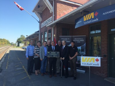 VIA Rail today marked the 100-year anniversary of the heritage Alexandria train station. From left to right: Grant Crack, MPP of Ontario for Glengarry?Prescott?Russell; Carma Williams, Maxville Ward Councillor, Township of North Glengarry; Francis Drouin, MP for Glengarry?Prescott?Russell; Brian Caddell, Lochiel Ward Councillor, Township of North Glengarry; Yves Desjardins-Siciliano, President and CEO, VIA Rail Canada; Michel Depratto, Alexandria Ward Councillor, Township of North Glengarry; Chris McDonell, Mayor of the Township of North Glengarry; and Jamie MacDonald, Deputy Mayor, Township of North Glengarry. (CNW Group/VIA Rail Canada Inc.)