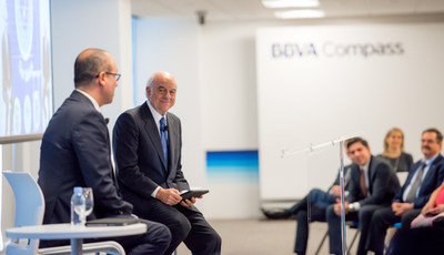 BBVA Executive Chairman Francisco González, right, with BBVA Compass CEO Onur Genç at an event for employees at BBVA Compass Plaza during his visit to Houston on Friday.