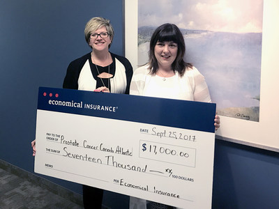 Karen Kaminska (left), Regional Vice-President of Economical Insurance for Atlantic Canada presents $17,000 in sponsorship funding to Ellen Townshend, Executive Director, Prostate Cancer Canada Atlantic Region for the four Wake Up Call Breakfast events in Saint John on September 26, Moncton on October 25, Halifax on October 30, and Cape Breton in February 2018 to help men realize importance of early detection. (CNW Group/Economical Insurance)