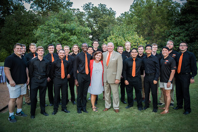 Oklahoma State University philanthropists Anne and Michael Greenwood celebrate Sunday with several student musicians from Pokeapella and Trumpet Studio. The new Michael and Anne Greenwood School of Music will be named in honor of their generous gift, which will launch the building project for OSU’s music education programs. The university announced it has a $15 million private fundraising goal for the project.