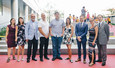 From left to right: Ms. Maud Cohen, Ms. Anne Hudon, Mr. Michel Pauz, Maxime Pleau-Brunet and his parents, Dr. Alexander G Weil, Annie Brocoli, and Dr. Fabrice Brunet, CEO of the CHU Sainte-Justine. (CNW Group/CHU Sainte-Justine Foundation)