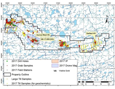 Figure 1: Location of the surveys and samples of the 2017 exploration program (Source: NI43-101 Technical Report On Qiqavik Project, Northern Quebec, Canada dated September 18, 2017). (CNW Group/RNC Minerals)
