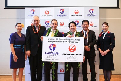 Hawaiian Airlines and Japan Airlines Announce Comprehensive New Partnership. (L-R): Theo Panagiotoulias, senior vice president of global sales and alliances, Hawaiian Airlines; Mark Dunkerley, president and CEO, Hawaiian Airlines; Yoshiharu Ueki, representative director and president, Japan Airlines; and Hideki Oshima, executive officer, Japan Airlines.