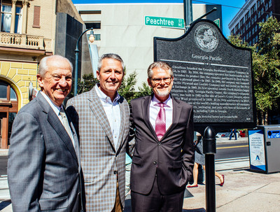 The Georgia Historical Society recognized Georgia-Pacific with a historical marker highlighting the company’s 90-year history. The marker sits outside the Georgia-Pacific Center headquarters building in downtown Atlanta. L to R:  A.D. “Pete” Correll, past chairman and CEO of Georgia-Pacific; Jim Hannan, immediate past president and CEO of Georgia-Pacific; Christian Fischer, president and CEO of Georgia-Pacific