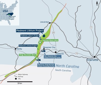 Piedmont Lithium Location and Bessemer City Lithium Processing Plant (FMC, Top Right) and Kings Mountain Lithium Processing Facility (Albemarle, Top Left)