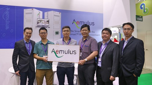 The Launch of AM7600-S at SEMICON Taiwan 2017 on September 14th. Pictured from left to right: Sang Beng Ng, CEO of Aemulus; Omily Ouyang, Vice President of HunterSun Electronics; Jerry Li, IC TEST Director of JCET; Chee Seng Chong,  Final Test Department Manager of Carsem (Suzhou); Sean Lin, East Asia General Manager of Aemulus; E Chiang Tan, Senior Marketing Director of Aemulus.