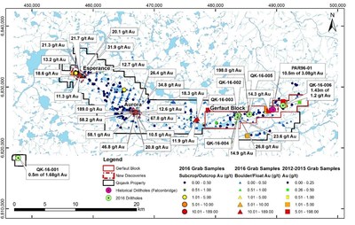 Figure 2 : Carte de la propriété Qiqavik montrant les résultats d'exploration aurifère significatifs antérieurs à 2017 (source : rapport technique conforme au Règlement 43-101 sur le projet Qiqavik, Nord du Québec, Canada, daté du 18 septembre 2017). (Groupe CNW/RNC Minerals)