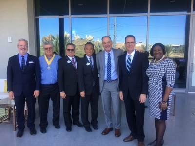 Pictured, from left to right: Todd Voth, Founder/Senior Principal Populous; David Meek, Former General Manager Anaheim Convention Center; Joaquin Quesada, Deputy Director Anaheim Convention Center; Dan Lee, Deputy Director Anaheim Convention Center; Mark Haley, President Smart City Networks; Tom Morton, Executive Director Anaheim Convention Center; and Julia Slocombe, Vice President Regional Operations, Smart City Networks.