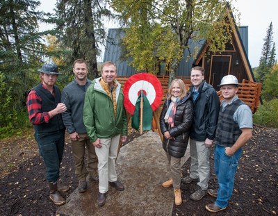 (From left to right) Lumberjack Boone Scheer, Animal Planet’s Dave Salmoni, Senior Vice President, Licensing & Global Location Based Entertainment at Discovery Communications Robert Marick, Princess Cruises Vice President Lisa Syme, Lodge General Manager Richard Peterson and Lumberjack Bryce Smith celebrated the grand opening of the Mt. McKinley Princess Wilderness Lodge Treehouse, a project developed with Animal Planet’s hit show, “Treehouse Masters.”