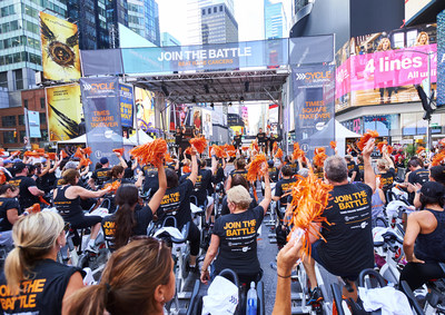 The Cycle for Survival community rides together in Times Square to raise awareness about the fight to beat rare cancers on September 27. The Times Square Takeover, presented by smartwater, featured more than 100 bikes and heart-pumping music at the all-day event. (Photo Credit: Jennifer Pottheiser, Cycle for Survival)