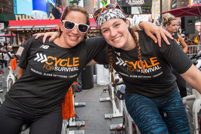 Riders at Cycle for Survival’s Times Square Takeover celebrate the launch of registration and fundraising for Cycle for Survival’s 2018 signature events. Every participant received an exclusive event T-shirt provided by New Balance, Cycle for Survival’s official apparel sponsor. (Photo Credit: Michael J. Le Brecht II, Cycle for Survival)