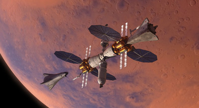 Mars Base Camp is Lockheed Martin’s vision for sending humans to Mars in about a decade. The Mars surface lander called the Mars Accent Descent Vehicle (MADV) is a single-stage system that uses Orion systems as the command deck. It could allow astronauts to explore the surface for two weeks at a time before returning back to the Mars Base Camp in orbit around Mars. (PRNewsfoto/Lockheed Martin)