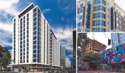 The Molasky Group is developing mixed-use properties that will bring apartment units, hotel keys and retail spaces to multiple markets including (clockwise from left) Sky 3 in downtown Portland, The Harrison in Glendale, CA and Arrivé in historic downtown Seattle.