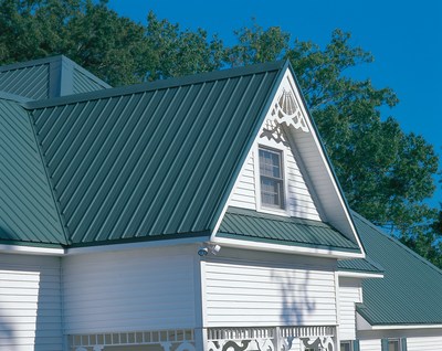 This beautiful standing seam metal roof is manufactured by McElroy Metal. Green standing seam metal roofs are the most popular style of residential metal roofing. For more color options, visit www.metalroofing.com.