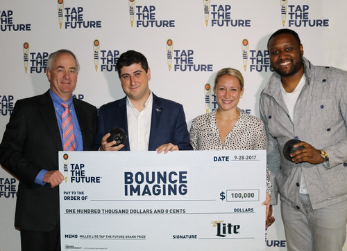 Bounce Imaging (Buffalo, NY) is announced as the 2017 Miller Lite Tap the Future grand prize winner at MillerCoors headquarters in Chicago. Pictured L to R: Gavin Hattersley (MillerCoors), Franciso Aguilar (Bounce Imaging), Alexandra Webber (MillerCoors), Steve Canal (MillerCoors).