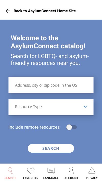 Mobile mockup of search page for new AsylumConnect resource catalog powered by One Degree, launching in November 2017.