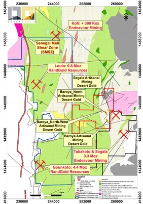 Figure 4: Segala West Artisanal Mining sites location with surrounding mines (Randgold resources of 51 Mt at 4.4 g/t for 5.7 million oz au Measured and Indicated, 20 Mt at 3.9 g/t for 2 million oz au inferred and ore reserves of 32 Mt average at 4.6 g.t for 3.7 million oz au in the Proven and Probably category. Endeavour Mining hosts ~3 million oz Au is less than 1 km2 (18.5 Mt at 3.5 g/t for 1.8 million oz au measured and indicated, 9 Mt at 3.6 g/t for 1 million oz au inferred and 6.4 Mt at 3.5 g/t for 0.7 million oz au proven and probable) (CNW Group/Desert Gold Ventures Inc.)