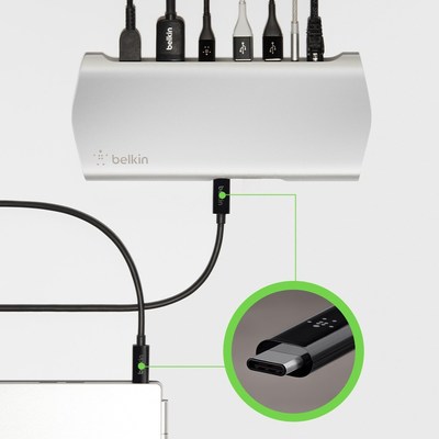 The Belkin USB-C 3.1 Express Dock HD delivers speed, power and efficient charging through a single one meter cable.