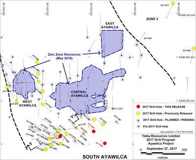 Figure 1. Ayawilca 2017 drill hole location map with 2016 Zinc Mineral Resource boundaries (CNW Group/Tinka Resources Limited)