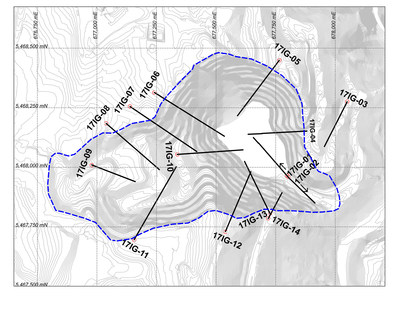 Historical New Ingerbelle Pit outlined in blue with planned 2017 diamond drill holes. (CNW Group/Copper Mountain Mining Corporation)