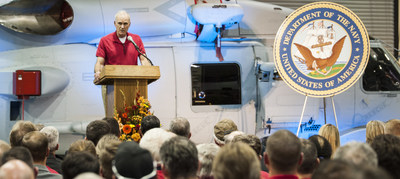 The Secretary of the Navy, the Honorable Richard V. Spencer, addresses more than 400 Lockheed Martin employees during a visit to the Owego, New York, site.