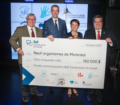 From left to right: Gatan Barrette, Minister of Health and Social Services, Martin Spalding, Vice President and General Manager, Local Radio and Television, Qubec, Bell Media, Francine Dub, Executive Director of the Socit qubcoise de la schizophrnie et des psychoses apparentes (SQS) and spokesperson for the nine recipient organizations, Denis Coderre, Mayor of Montreal (CNW Group/Bell Canada)