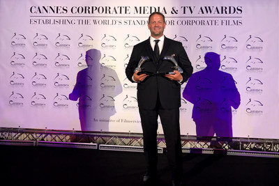 Richter Studios CEO Jeremy Richter onstage with the two Silver Dolphin trophies his company won at the 2017 Cannes Corporate Media and TV Awards Festival. Over 40 countries competed and there were only 174 winners out of 917 entries.