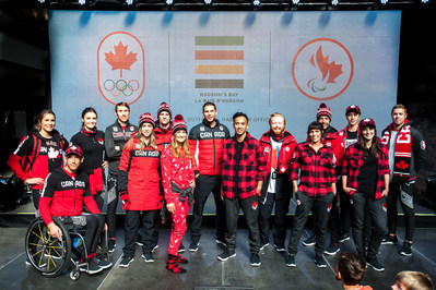Canada's iconic retailer, Hudson's Bay, unveiled the Team Canada collection that will outfit Canadian athletes at the upcoming Olympic and Paralympic Winter Games PyeongChang 2018. Participating athletes included Marie-Michèle Gagnon, Brendan Green, Marielle Thompson, Taylor Henrich, Gilmore Junio, Kelsey Serwa, Max Parrot, John Morris, Rachel Homan, Dustin Cook, Chris Klebl, John Leslie, Brian McKeever, Graham Nishikawa, and Michelle Salt. (Photo: Cole Garside / Hudson’s Bay) (CNW Group/Hudson's Bay)