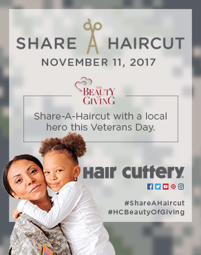 For every haircut purchased by Hair Cuttery patrons on Veterans Day, Saturday, Nov. 11, a free haircut certificate will be donated back to a veteran in the same community.
