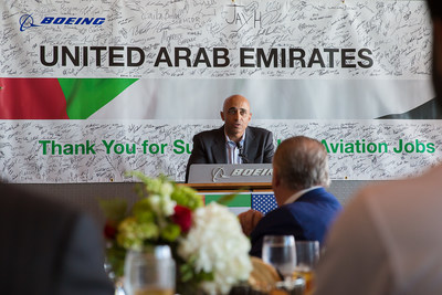 Ambassador Yousef Al Otaiba delivers remarks to employees and community leaders at Boeing in Charleston, South Carolina