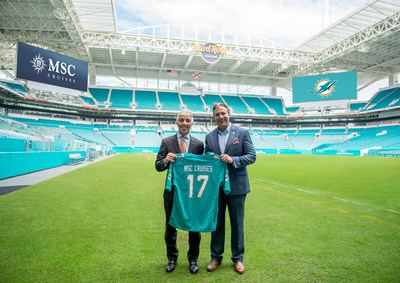 From left: Roberto Fusaro, president, MSC Cruises; Todd Kline, senior vice president, chief commercial officer, Miami Dolphins. MSC Cruises' three-year partnership with The Miami Dolphins will offer fans the opportunity to tailgate with fun activities at all Miami Dolphins home games at Hard Rock Stadium, rally the stadium with MSC Cruises before the fourth quarter and sail on an official Dolphins Fan Cruise.